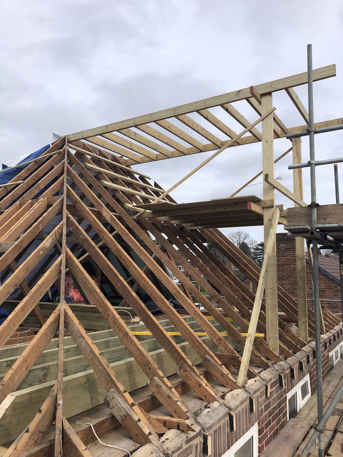 Loft conversion at the structural carpentry stage.