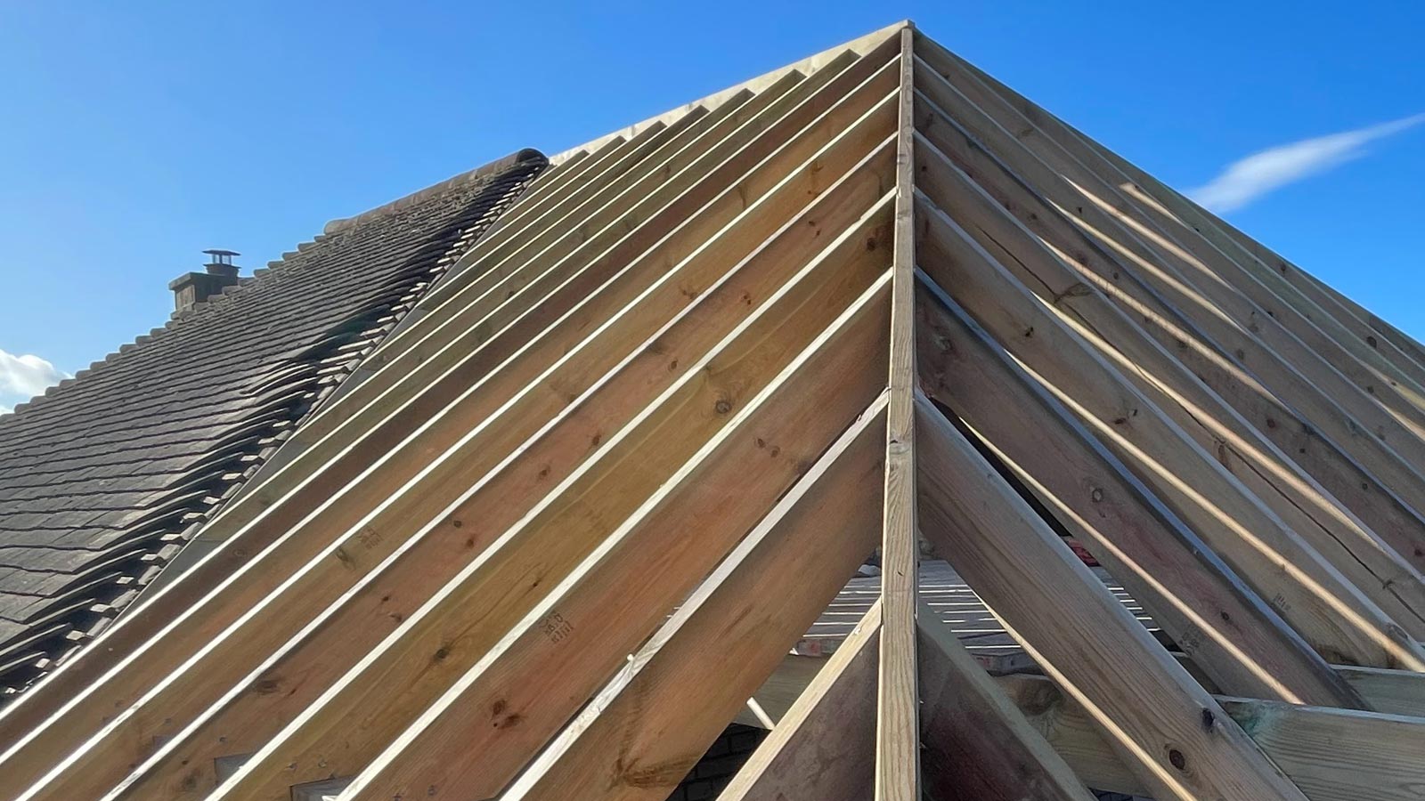 Loft conversion with exposed timber rafters and pine floorboards.